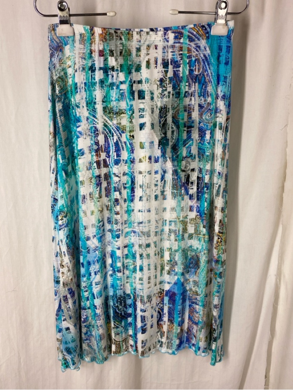 HAYSTACKS M Lettuce Edge Midi Skirt Abstract Art Pull On Aqua White Vacation